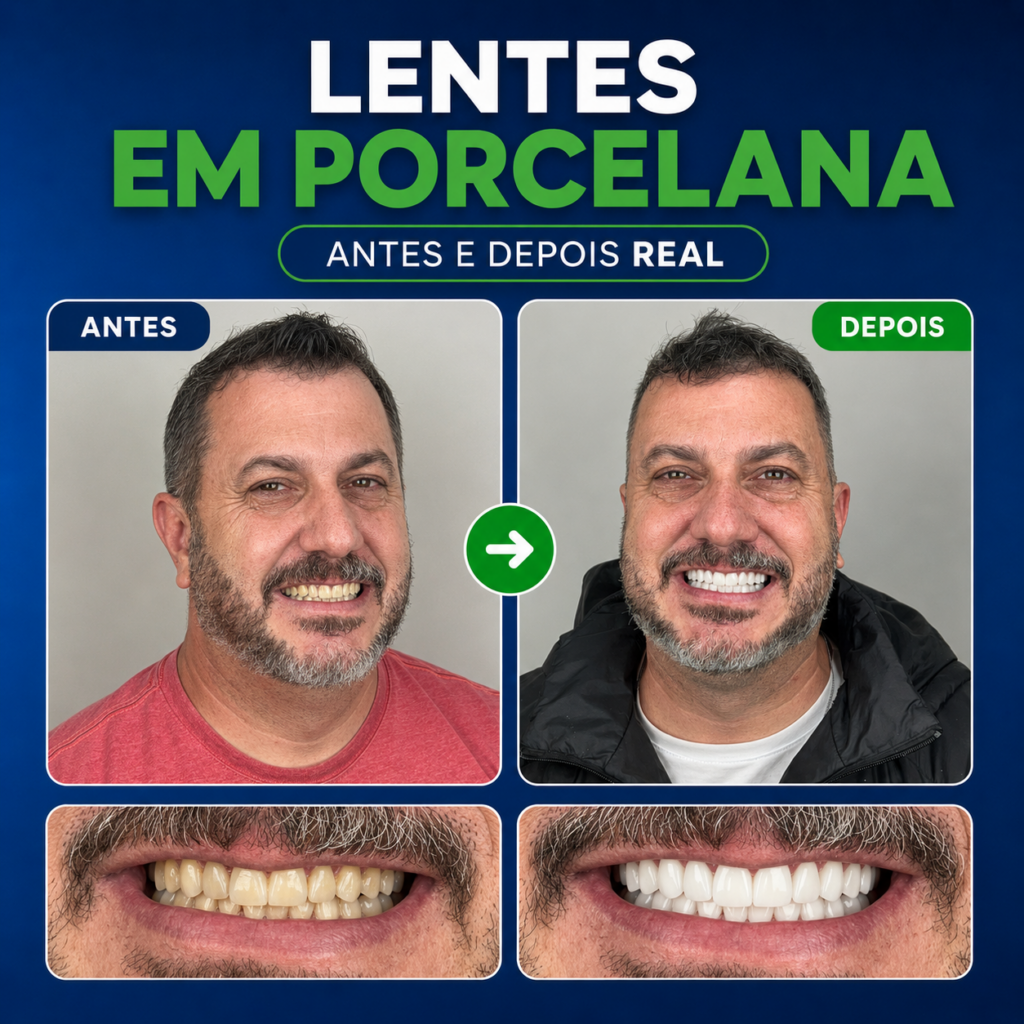 Antes e depois real de lentes em porcelana YourMed com dentes mais brancos e sorriso renovado