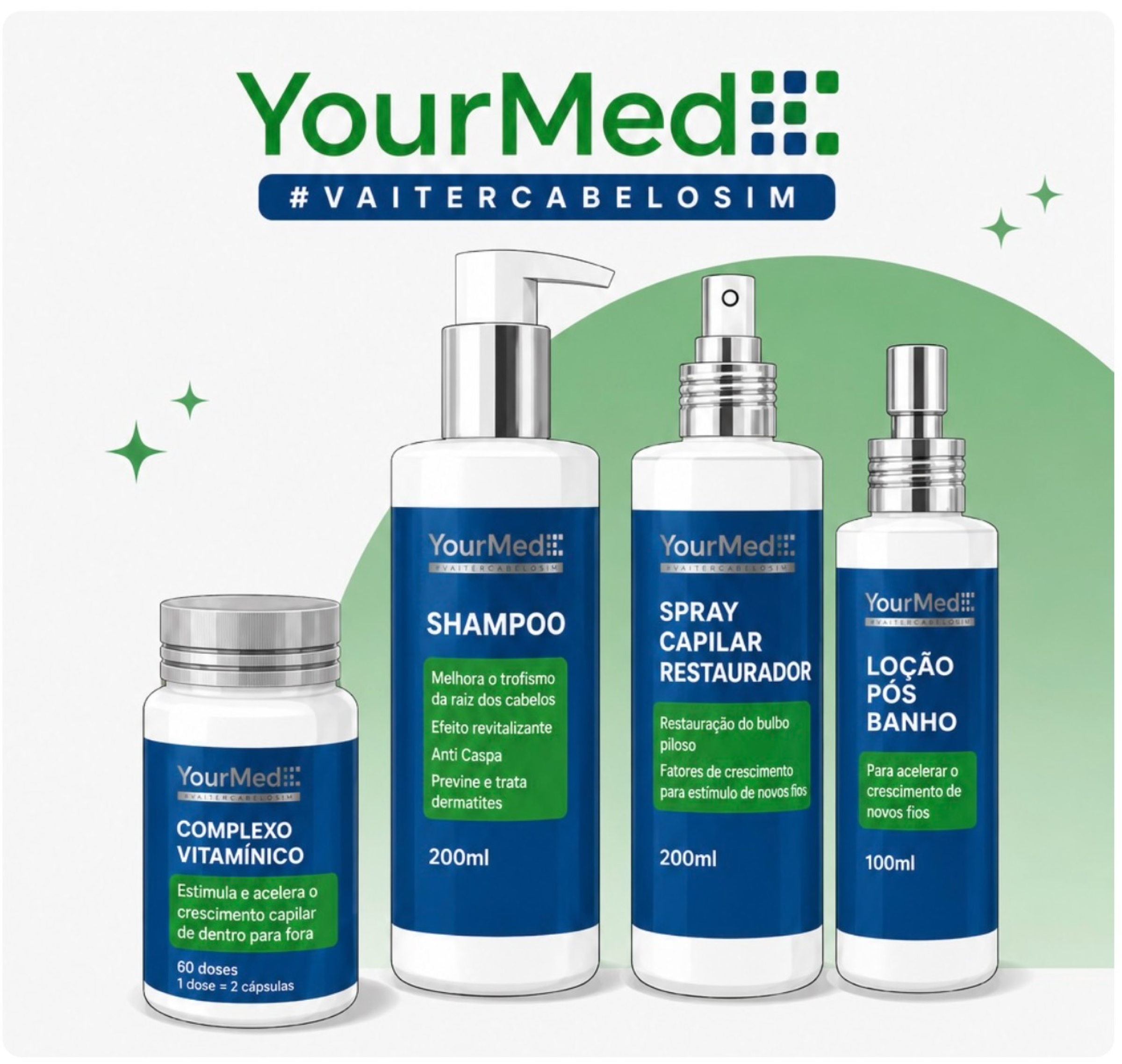 Produtos capilares YourMed VaiTerCabeloSim para cuidado capilar e suporte ao tratamento da calvície