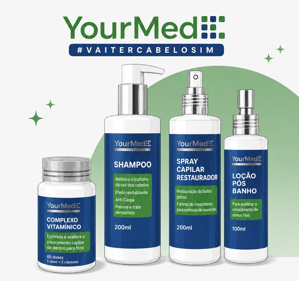 Produtos YourMed para tratamento para calvície com complexo vitamínico, shampoo, spray capilar restaurador e loção pós-banho VaiTerCabeloSim