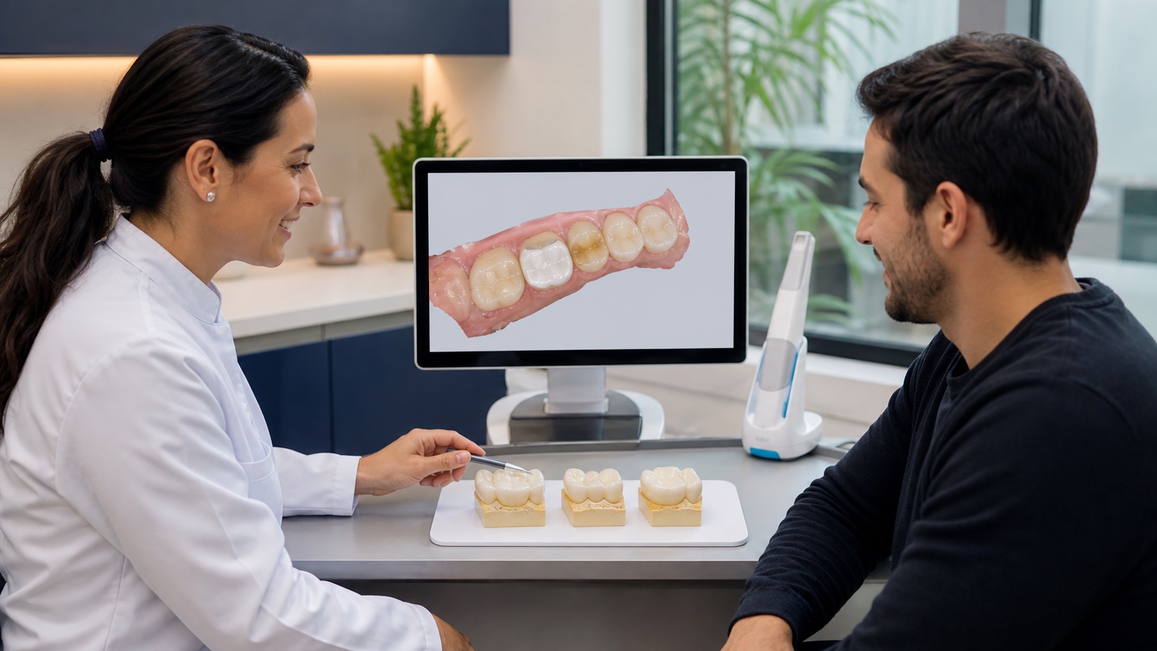 Dentista apresenta restaurações Emax inlay, onlay e overlay ao paciente