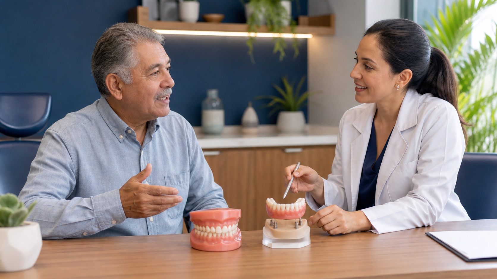Dentista apresenta opções de dentadura e prótese sobre implantes