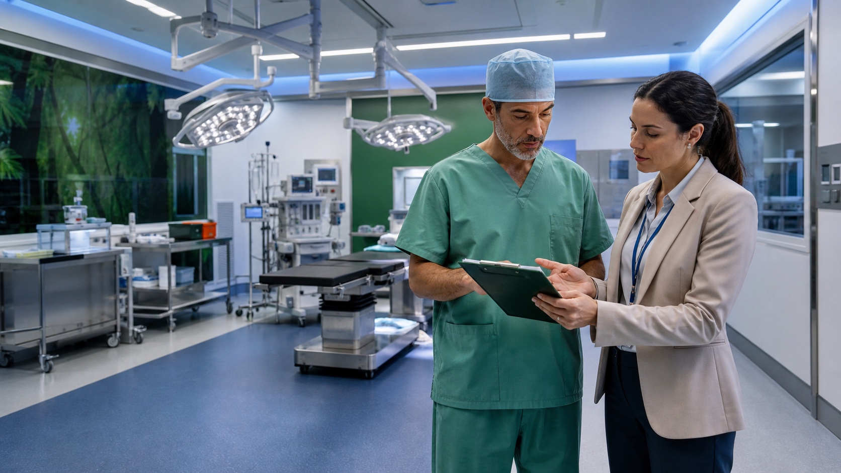 Médico e coordenadora avaliam centro cirúrgico em São Paulo