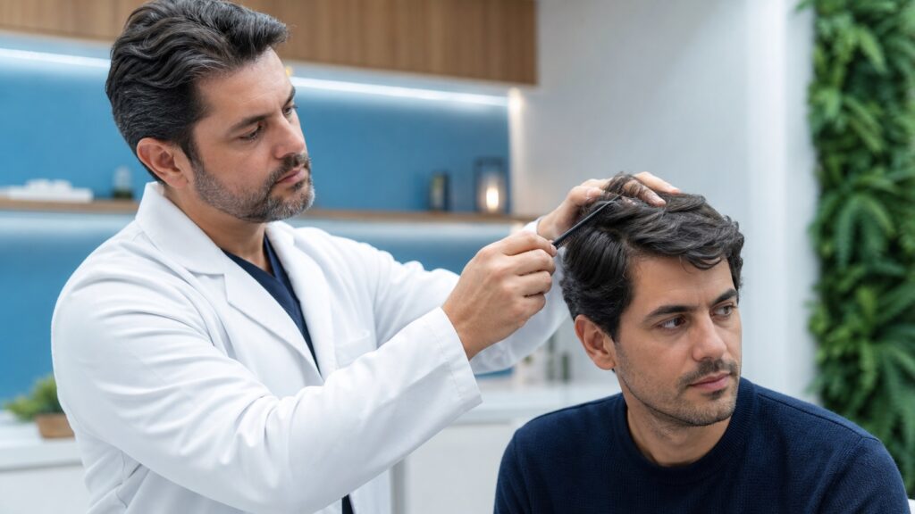 Médico avalia a possibilidade de transplante capilar sem raspar