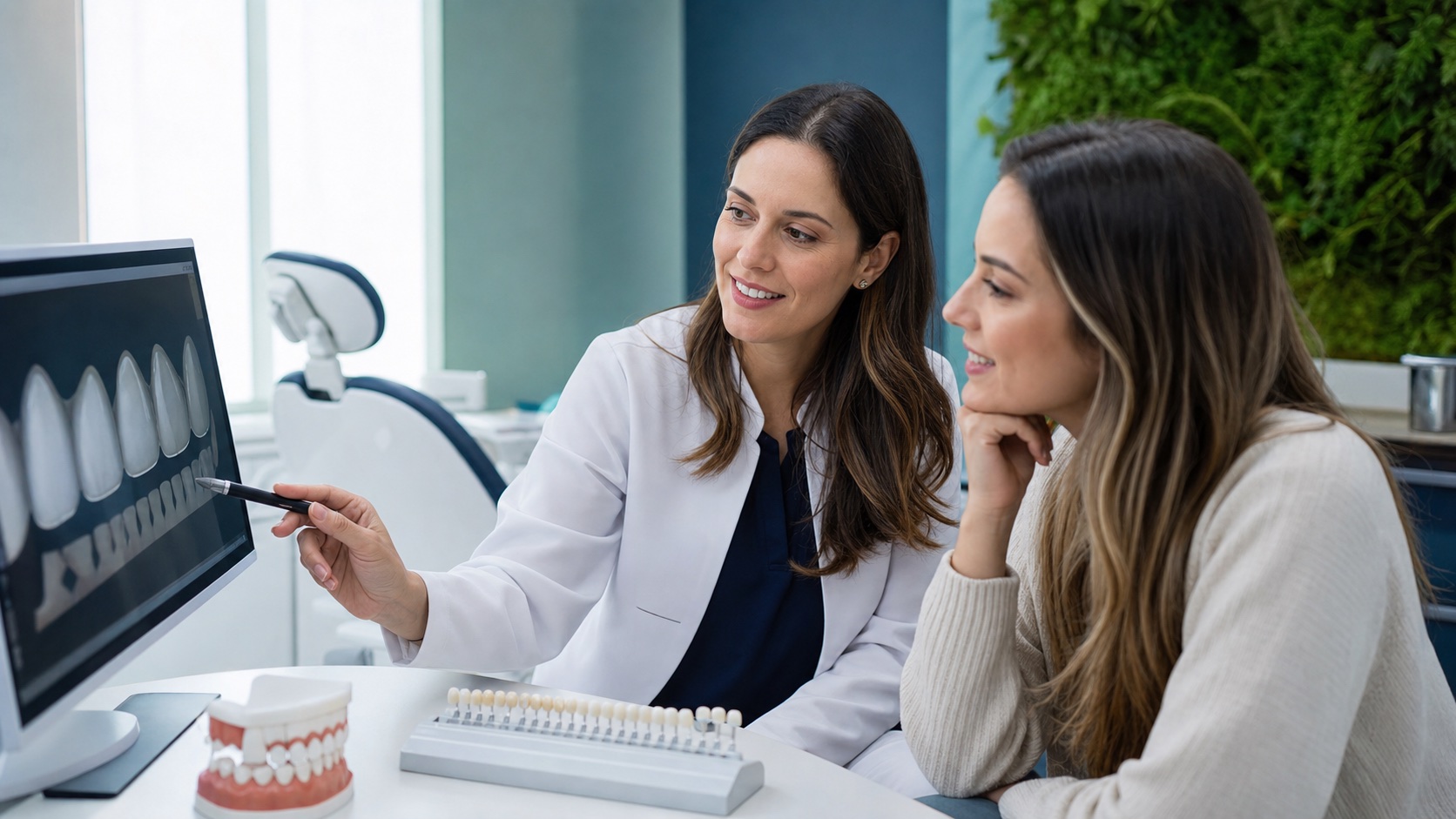 Dentista e paciente avaliam planejamento de lentes de porcelana