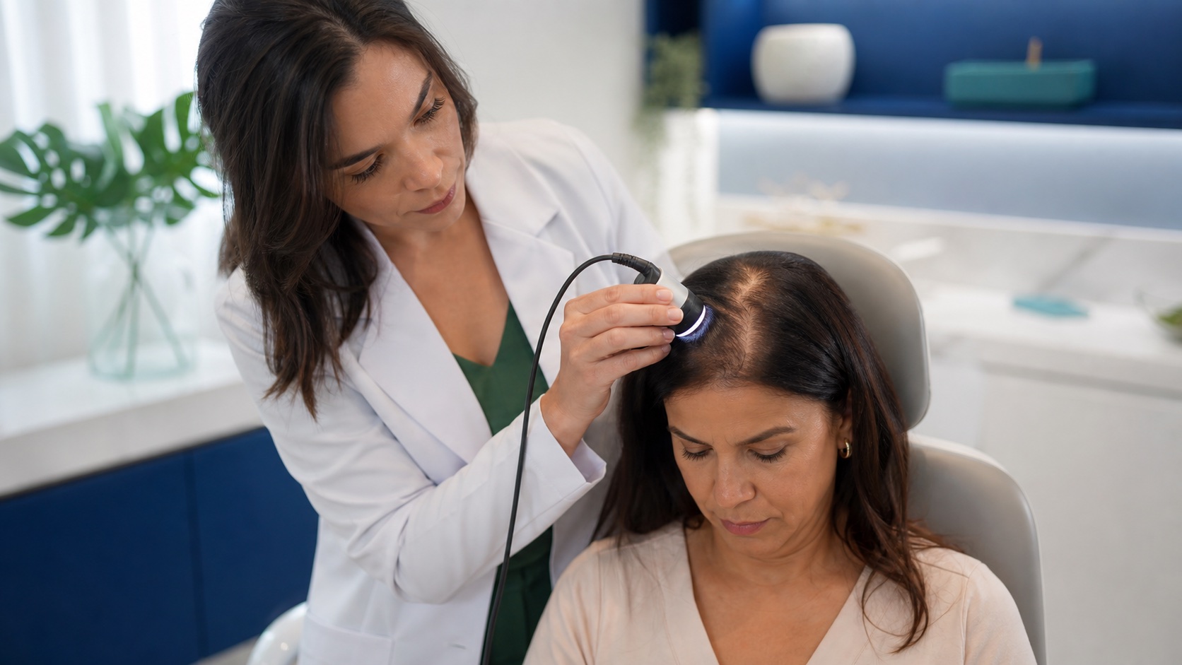Médica avalia rarefação capilar feminina em consulta